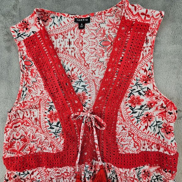 Torrid Top Women's‎ 0/L Multicolor Babydoll Crinkle Gauze Crochet Inset Lace-Up - Picture 4 of 10